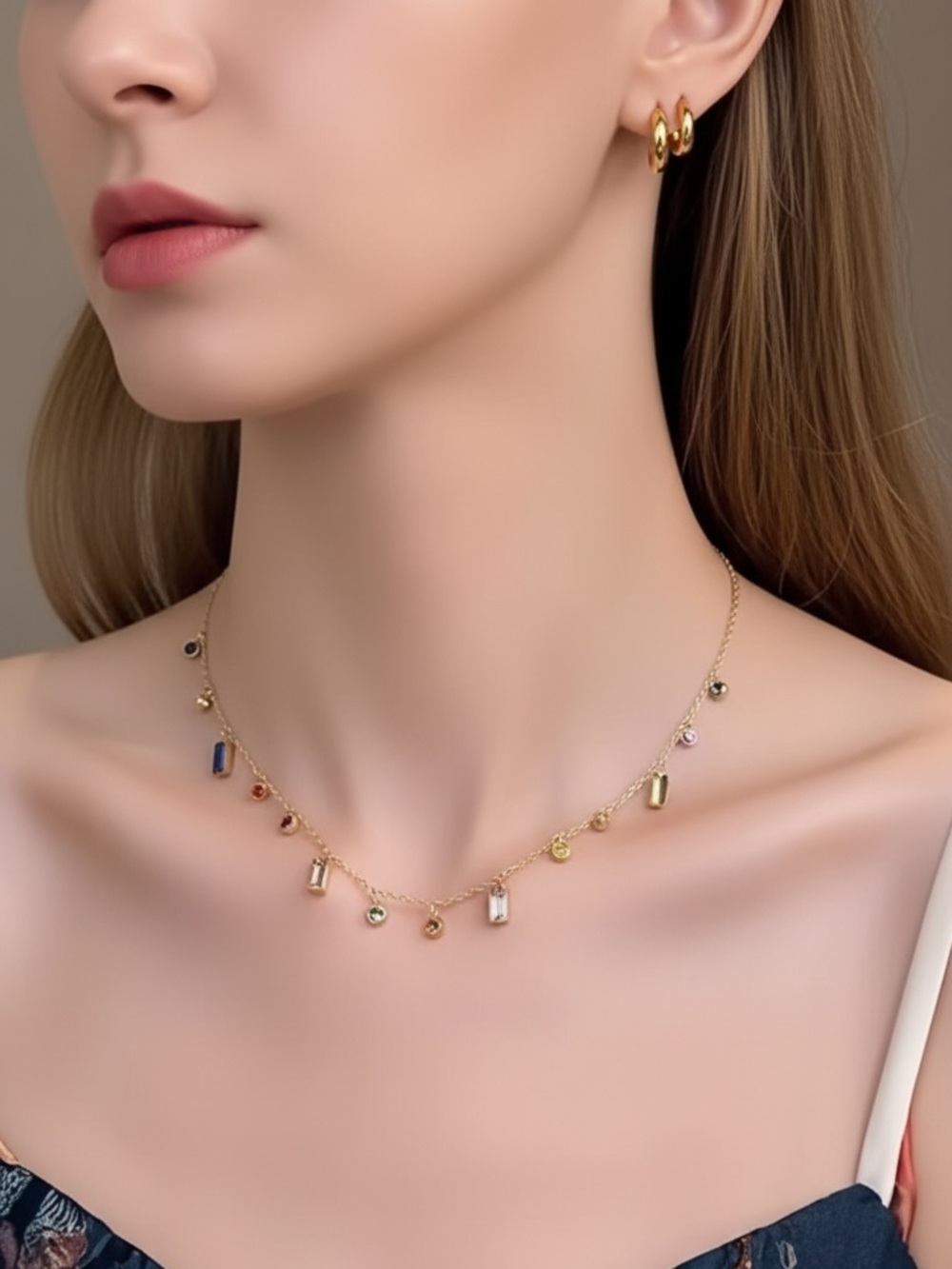 18k Gold Plated Multicolour CZ Mixed Cut Drop Necklace. New.